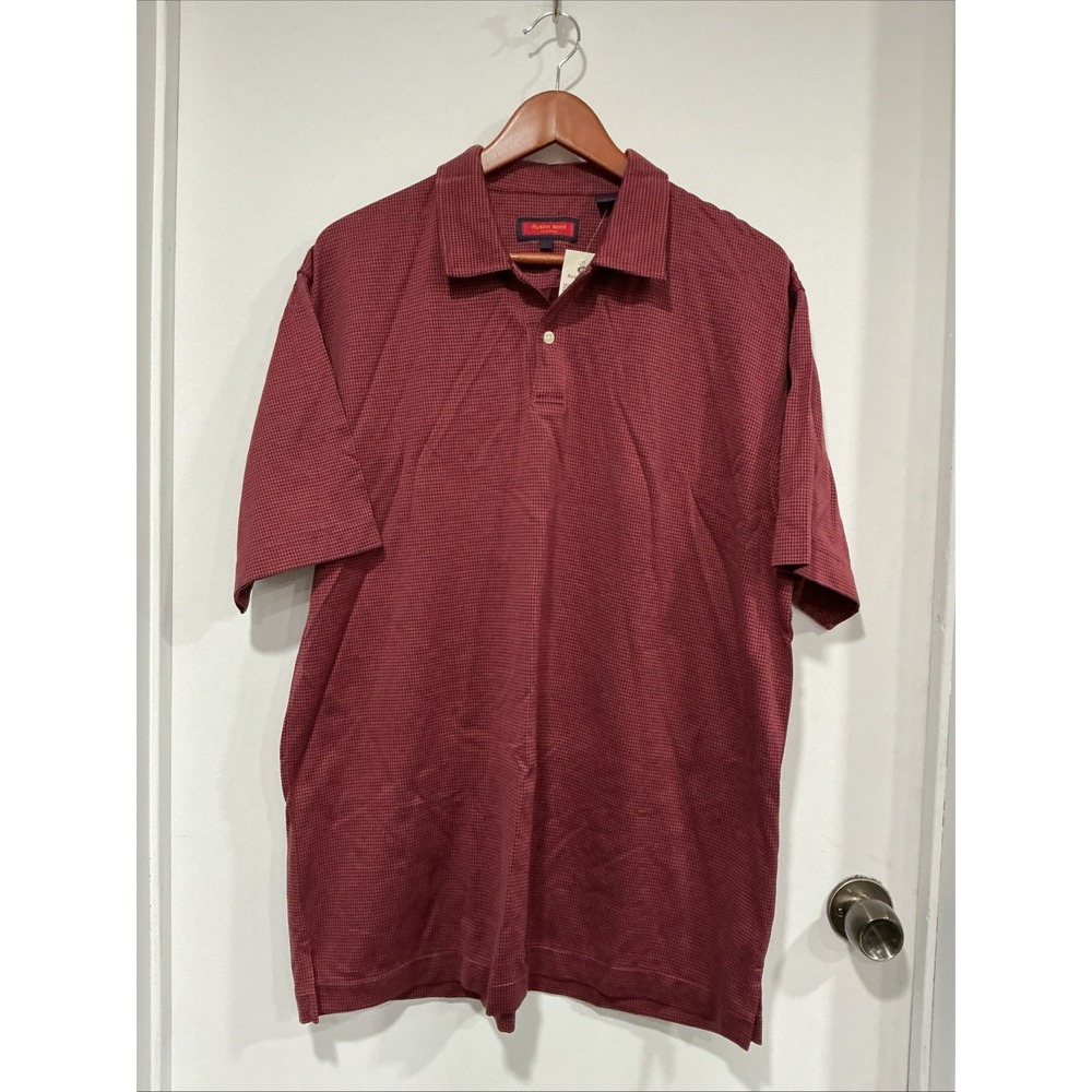 Austin Reed Mens Large Polo Shirt Red Earth Houndstooth Cotton Short Sleeve NEW